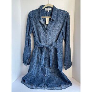 Anthropologie Shirt Dress Small Blue Belted Long Sleeve V-Neck Tencel